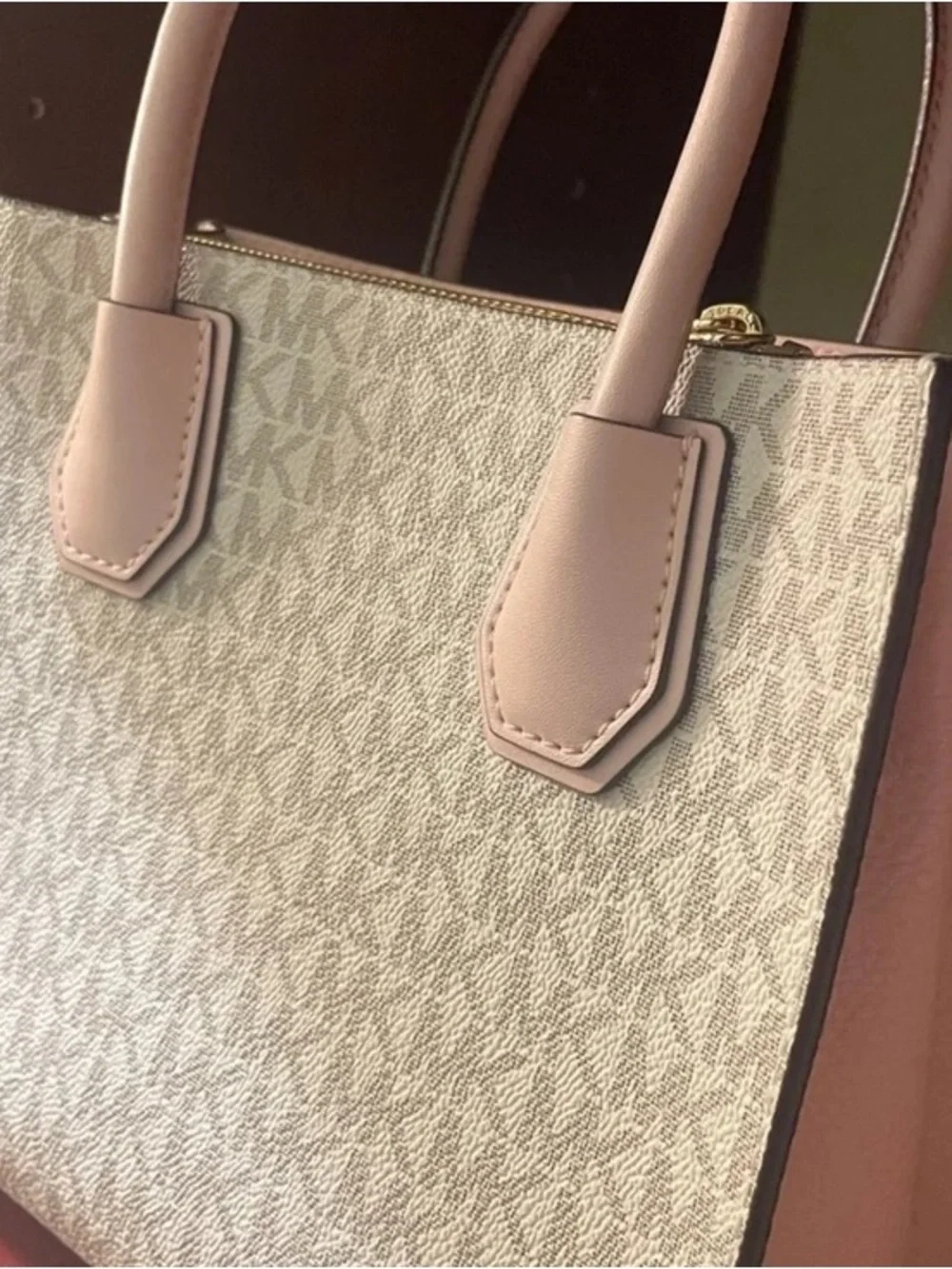 Michael Kors Beige Signature Satchel with Pink Trim and Gold Hardware